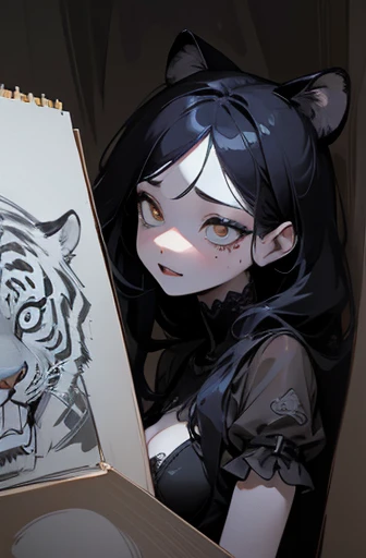 (( Tiger, Traditional Ink,)), scribble, nightmare, doll-like face, cartoon style, rough sketch, , (masterpiece), (High resolution), (super delicate), (clear), Comic book style illustrations,(Horror elements), breast enhancement、(snap shot),crazy illustration, antique, dark atmosphere, flat illustration, creepy appearance, Characteristic hairstyle, creative accessories, Unique atmosphere、(girl)