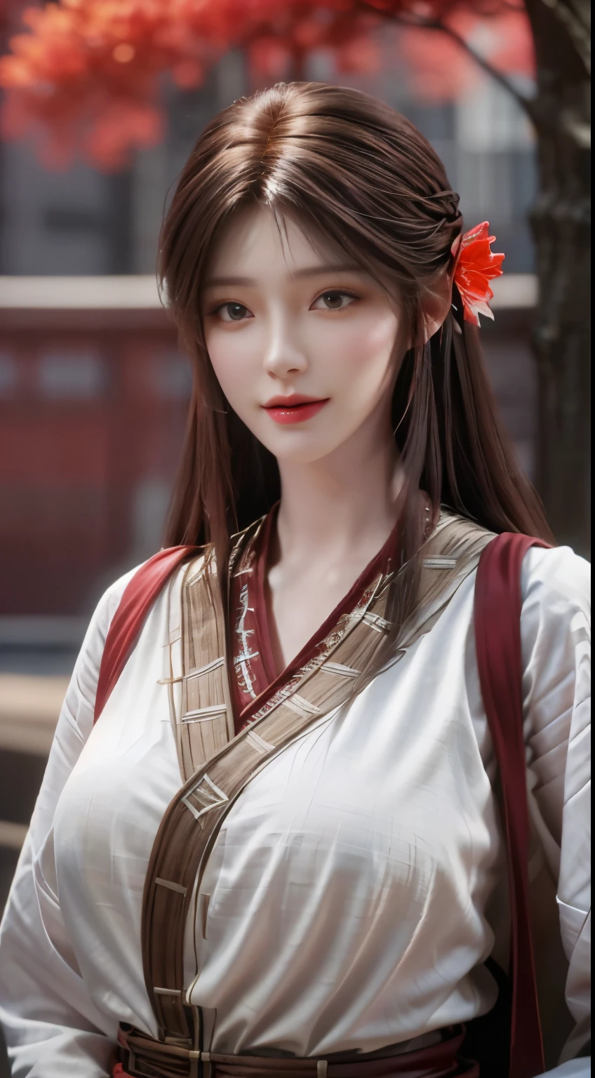 The best work,best quality,(Realistic,Realistic:1.37),8K,an extremely delicate and beautiful one,Surprisingly,fine details,official art,ridiculous,令人难以置信的ridiculous,Huge movie size,Extremely detailed,Extremely detailed,Beautiful details girl,1 girl,(perfect female figure),plump body,Medium chest,lovely body,long black hair,straight hair,Red head rope,brown eyes,White suspender dress,Smile