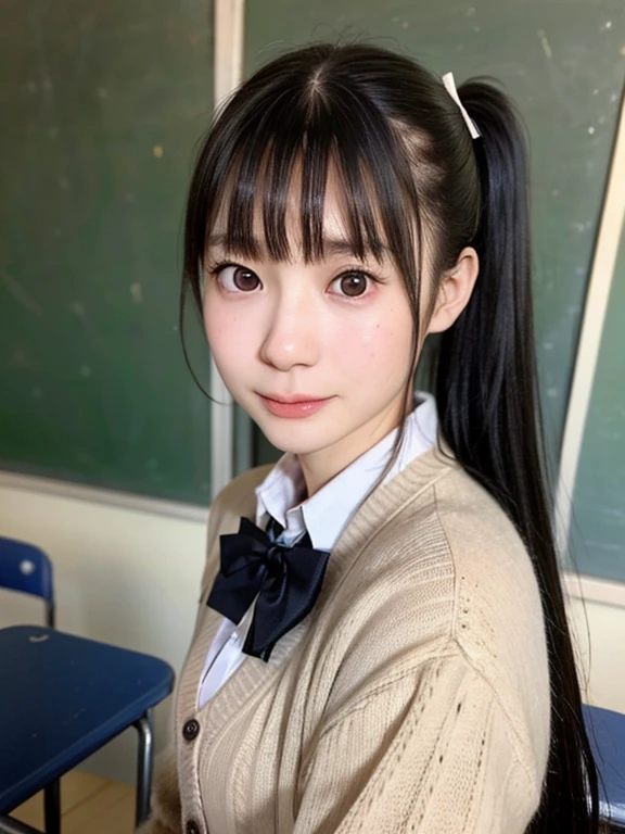 (kawaii 18 year-old Japanese girl, Nogizaka idol, Korean idol), (glossy black hair, high ponytail, bangs:1.3), (extra rounded face, single eyelid, no makeup, soft smiling:1.2), (well shaped whitened teeth:0.7), (wearing Japanese school uniforms, cardigan, collared shirt, school bow tie:1.3), well shaped extra small breasts, pleated skirt, (looking at viewer:1.2), BREAK, (simple classroom background:1.3), (dynamic angle, face focus:1.3), BREAK, (masterpiece, best quality, photo realistic, official art:1.4), (UHD, 8K quality wallpaper, high resolution, raw photo, film grain:1.2), (shiny skin), professional lighting, physically based rendering, award winning, (perfect anatomy, highly detailed skin, extremely detailed face and eyes, well drawn glittering pupils), Carl Zeiss 85 mm F/1.4, depth of field, 1girl, solo,