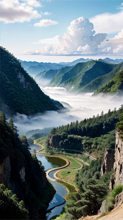 (masterpiece, best quality:1.2),A majestic landscape painting,Meticulous,Inspired by thousands of miles of rivers and mountains,Fuchun Mountain Residence Map,Expression techniques of cirrus clouds,flat illustration,traditional Chinese painting,Chinese landscape painting,Chinese architecture,cloud,vertical waterfall on cliff,Vibrant pine trees,fall,Takayama,Black:1.37,Mineral pigments,Ultramarine,Track gold,Clear contours,sketch,Dry Lafa