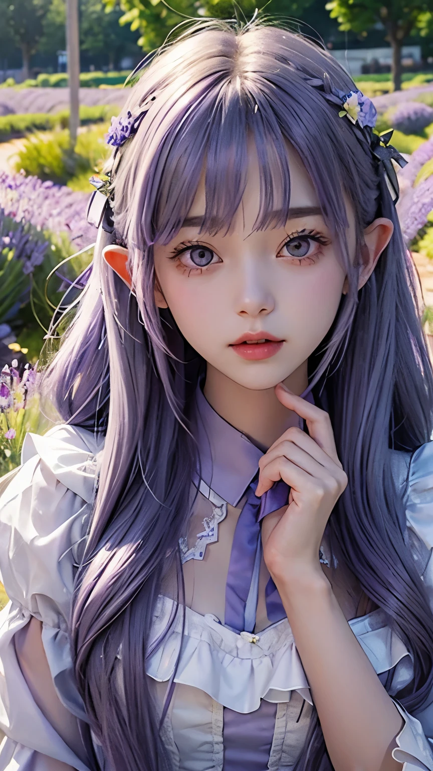 goblin、young woman、Lavender colored dress、Lavender colored hair、Transparency、surrounded by lavender、flower garden、Angel、People in the center、pale light、long hair、ribbon