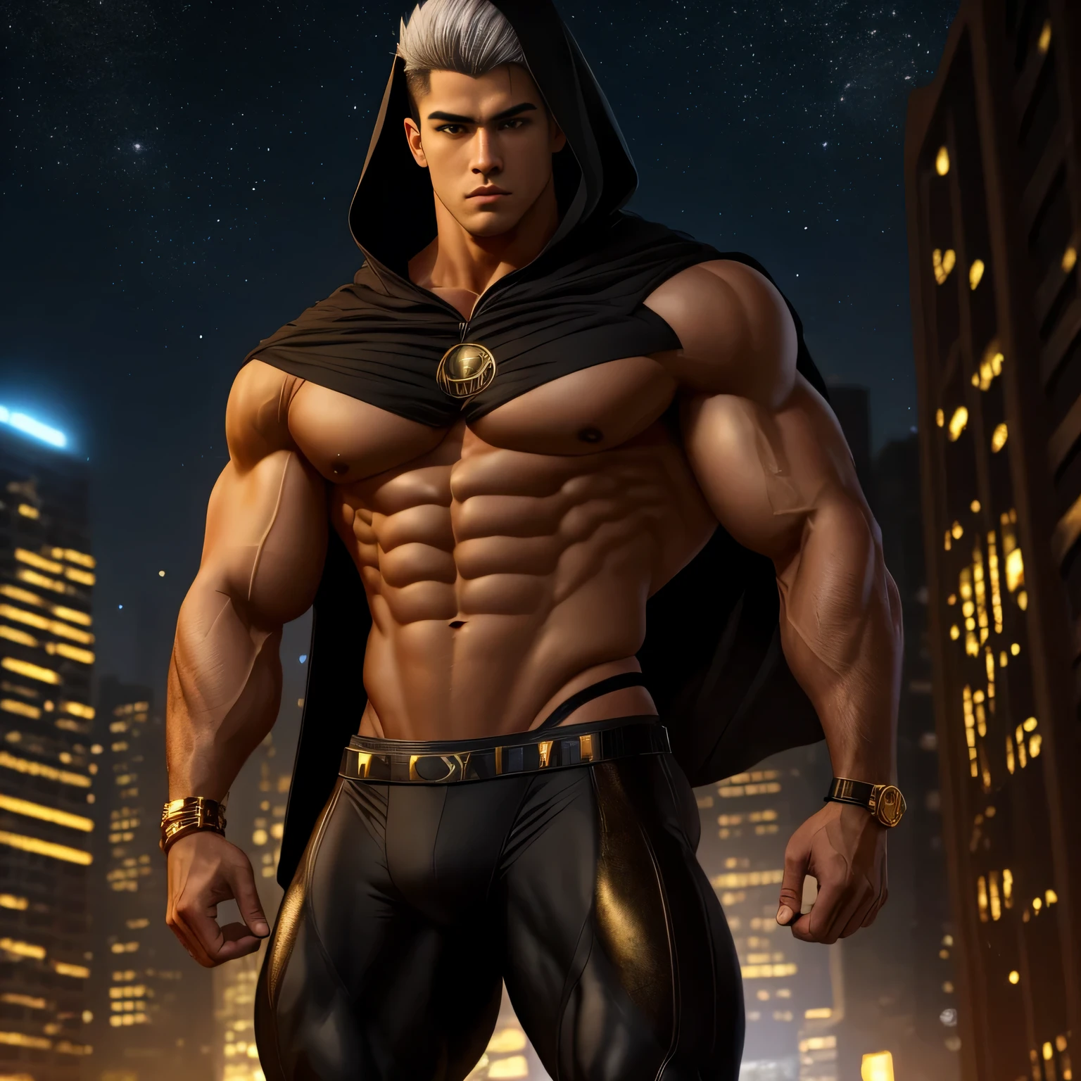 ((Extremely realistic shadows, Masterpiece, extremely detailed, photorealistic)) A ager at 18 years old (Mexican ethnicity) Handsome, muscular thighs, bulging neck. Tanned skin massive muscular bodybuilder, gray hair, (WHITE HAIR) military haircut, tight clothing, body full of muscles; ripped abs, V-shaped body, thick waist, long legs, strong arms. City background, skyscraper, futuristic city, night, stars, night lights, Superhero, hero, bodysuit, hood, massive muscles, huge pecs, chiseled ABS, huge pecs, exaggeratedly huge muscles, 300 lbs. A young hero whose presence inspires trust and respect. (((His hero suit is black and golden)