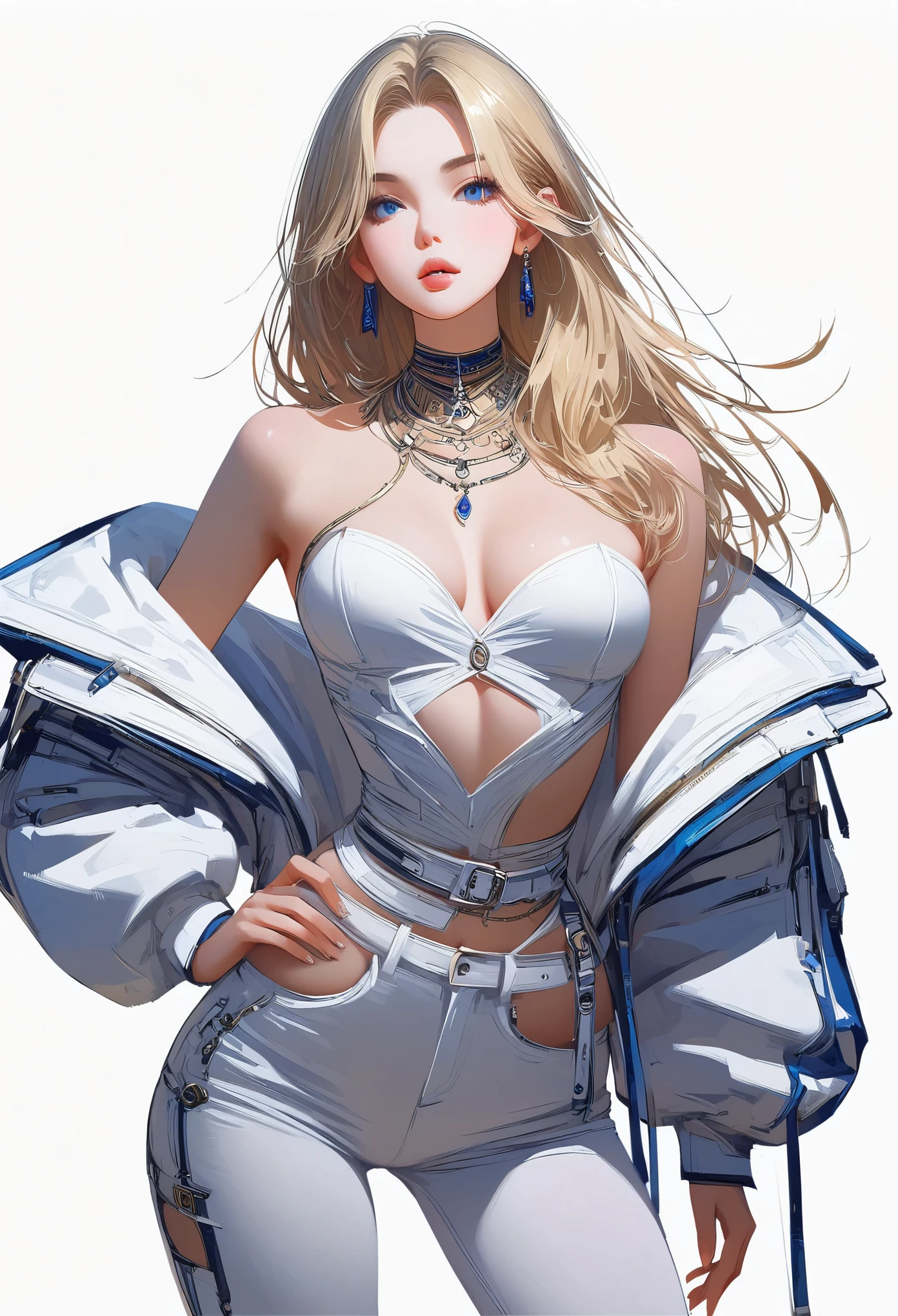 ((masterpiece,best quality,8K,High resolution)),((character concept art)), 1 female, noble, Old money atmosphere, supermodel, fashion model, 35 years old, (long blonde hair), blonde hair, (fair complexion), Super fine eyes (blue eye color), extraordinary gorgeous, grace, charming, clever, calm, Perfect body ((slim and curvaceous)), ((intricate details)), Ultra-delicate hand details, super thin fingers(((Ten fingers))), Wearing a white blazer、White shirt and white pants (stand still), (full body display), ((show the whole body)), (No logos on background), (No logo), ((solid color background)), ((solid color background)), (((empty background)))