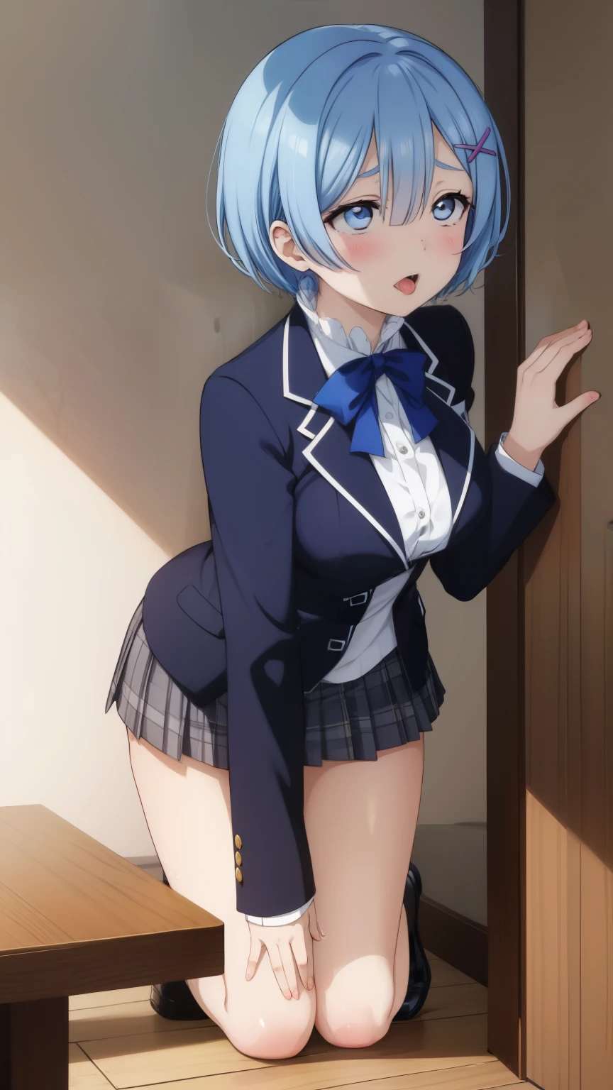 (Tabletop, Highest quality, Super detailed, 8k, ), ((Perfect hands)), ((Perfect Anatomy)), Medium cleavage, standing on the stairs of an abandoned concrete building、  ((Attractive anime one girl)), ((Rei Ayanami)),,((Detailed face)), (( wearing a dark blue uniform:1.2))、((White panties)) , Kamimei , ((Akame))、 ((Sticking out her big ass、Lean forward and turn)))((thin indigo short hair:1.0))、