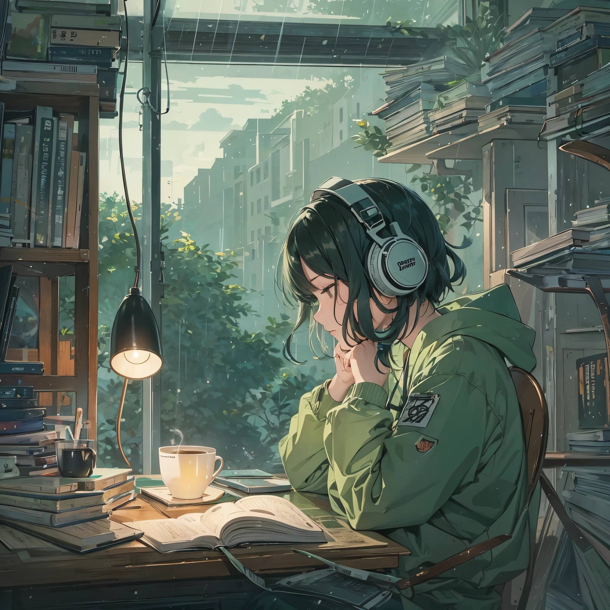 ((lo fi music for study: 1.3) +(japanese aesthetic: 1.1))e(auto-estudo:0.9),Minimalista, Ambiente, cores silenciadas,peaceful, Relaxed, aconchegante,calmo,ritmo lento,conducive for concentration,reconfortante, night time, livro aberto, coffee cup, desk lamp, light rain outside,estudante, green colour headphones on head,leitura, produtivo.