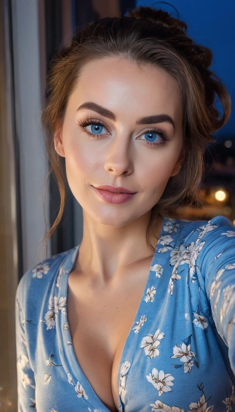 Selfie of a beautiful 25 year old woman (kein Make-up), natural face, natural skintextur, busty, cleavage, brunette, hair up in a bun, Rothaarige, lange rote Haare, blasse Haut, big , weibliche Figur, She is wearing pajamas (Cleavage), Sie steht auf dem Balkon und macht ein Selfie, Sie blickt direkt in die Kamera, Full body photo, blaue Augen mit vielen Details, Perfect body, natural skin, es ist Nacht, dunkel, leichte Ambientebeleuchtung. RAW-Foto, high resolution, satte Farben, filmische Beleuchtung, Filmkorn, Fotorealistisch, lange Belichtungszeit, Large aperture, kleine Brennweite.