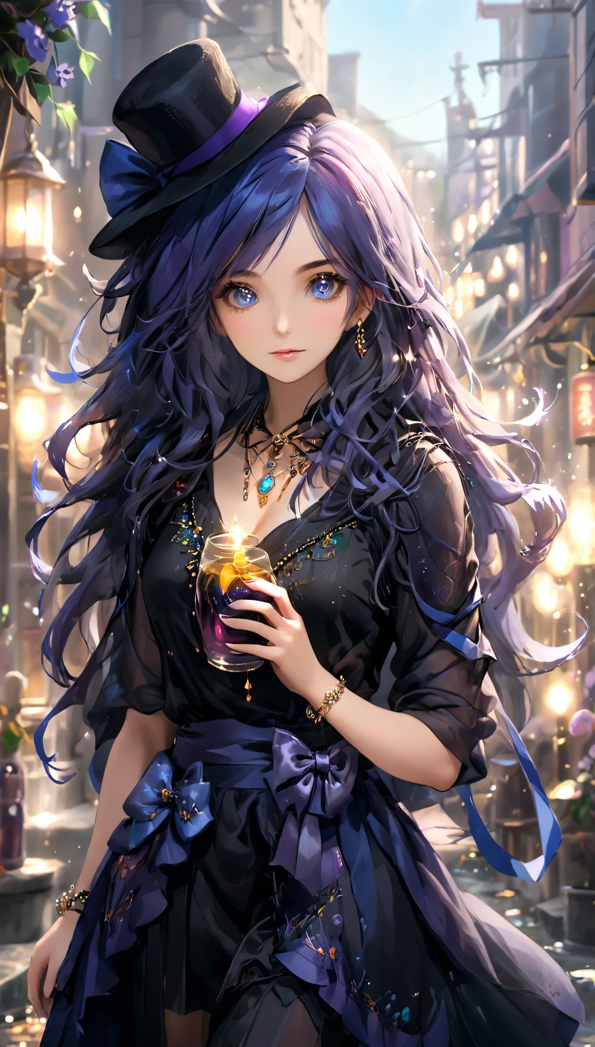 1 girl, long_hair, bright_hair_Pretty_Eye, mystery_Express, Mature_appearance, charming_full outfit, flowing_skirt, elegant_jewelry, complex_decoration, magic_symbol, luminescent_Accessories, Potion, reel, Lovely_accent, bow, ribbon, flowers,