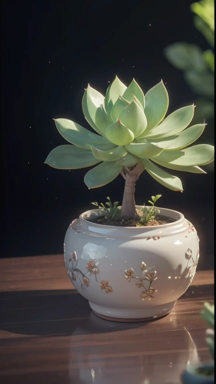 There is a small plant sitting in a white flower pot, glazed ceramic, Cute decapods, Bonsai tree, Made from bonsai, miniature porcelain model, Ceramic pot, made of glowing wax and ceramic, Unique pots designed for indoor plants, organic ceramic white, Bright white porcelain, jade scales, Bonsai tree, Porcelain sculpture, pan, 半透明水晶succulent plants, made of glowing wax and ceramic,There is light in the background, succulent plants,shiny numbers, Surreal Flowers of Wyse, 3d octane render, 3d octane render, Redshift rendering, 4D cinema rendering, rendered in cinema4d, beautiful metalwork, Gorgeous 3D rendering, Soft 3D rendering,((metallic feel,bronze,Metallic paint texture,enamel))(best quality,4K,8K,high resolution,masterpiece:1.2), (actual,realistically,realistically:1.37).