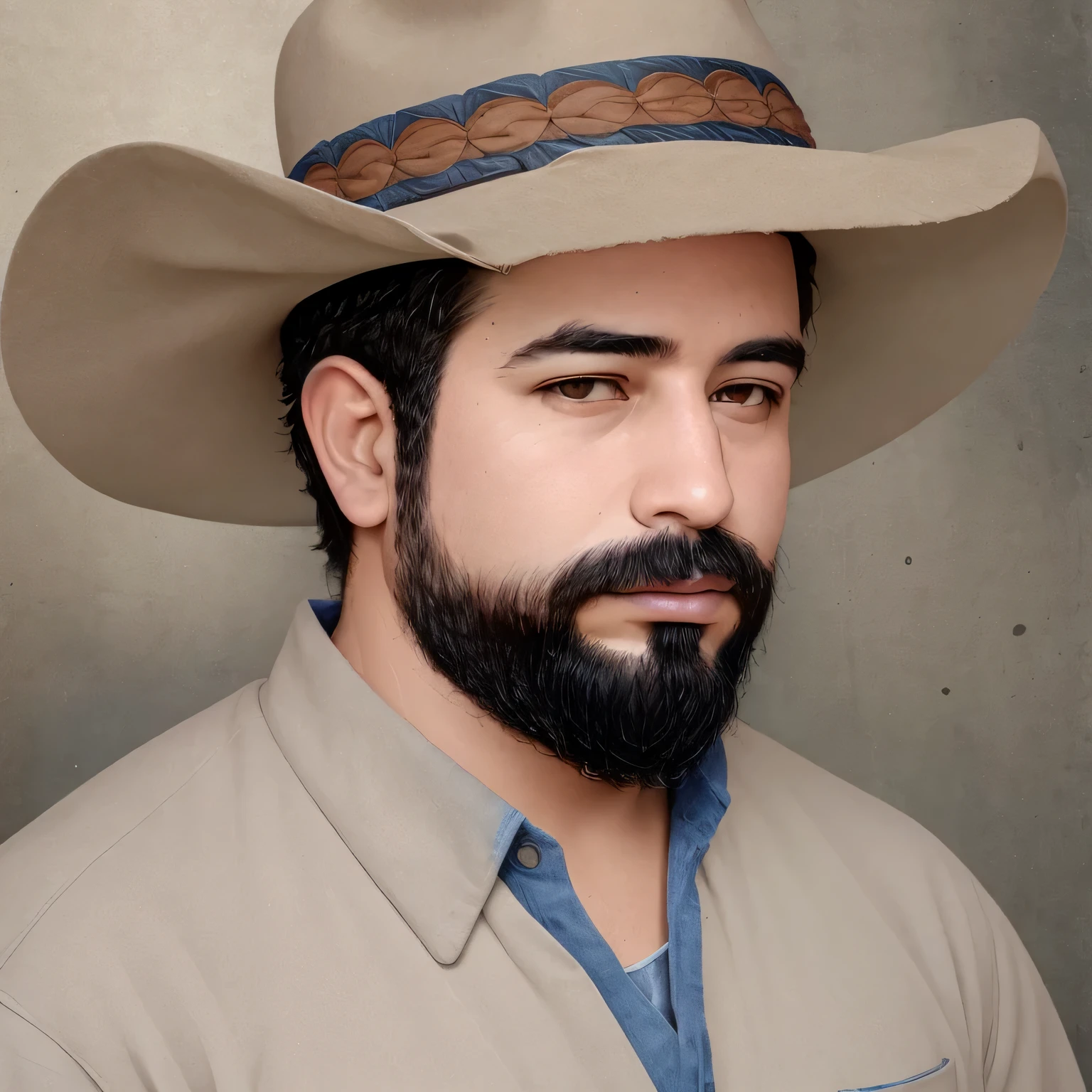 A Fotorrealista portrait of a young man in a rancher clothes', una camisa color canela, tirantes y jeans azules con sombrero de ranchero, Hyper realistic, Fotorrealista, cabello natural hinchado, rostro natural, Bigote, patillas, , Hiper detallado. feliz