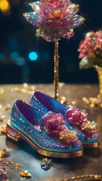 Crystal Slippers and Crystal Roses, fantasy, galaxy, clean, shiny, shiny, brilliant, rich and colorful, amazing photography, dramatic lighting, Photo realism, Super detailed, 4K, depth of field, high resolution