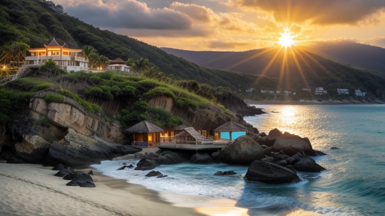 architecture, beach resort, vine, trees, cloud, sunset, vivid colours, sky, masterpiece,best quality,super detailed,realistic,photorealistic, 8k, sharp focus, a photo of a building day light, sun, cloud, RAW Photo, RAW texture, Super Realistic, 32K UHD, DSLR, soft lighting, high quality, film rating, Fujifilm XT3