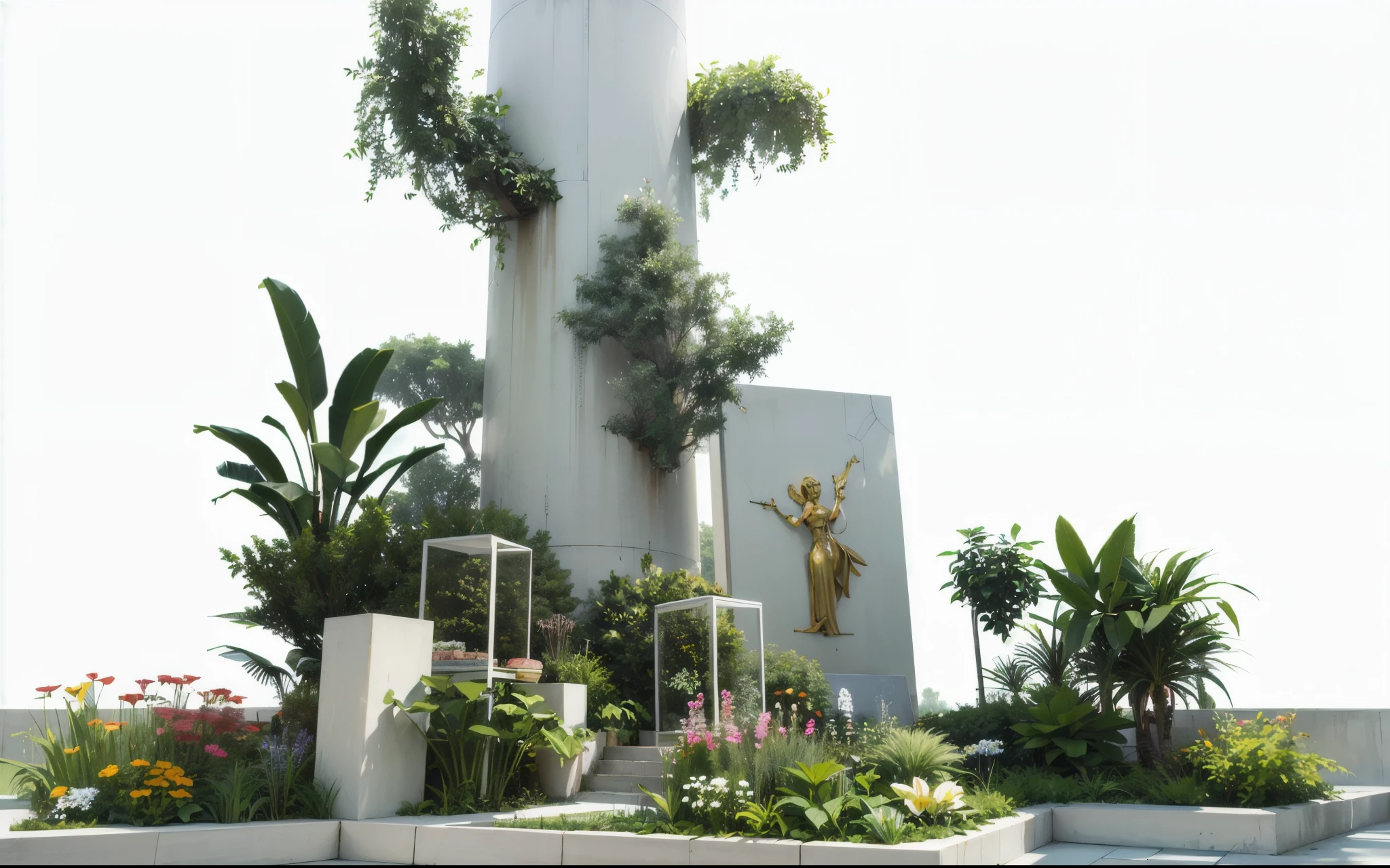 3D rendering of a garden design with plants and flowers on an indoor background. There is an open space for a movable display stand. In the centre stands a tall modern column decorated with green plants. On it is written "The Ritz-Carlton" in golden letters. The ground around the pillar is covered with lush ferns and small bushes. There were also some flower boxes on one side filled with various potted plants. This creates a refreshing atmosphere.HD quality, high detail, very detailed, beautiful, architectural footage, surrealism, Unreal Engine 5