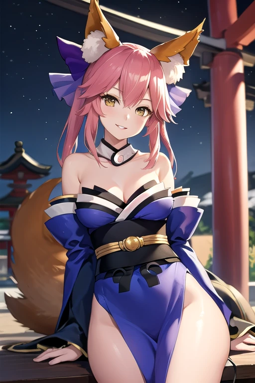 (masterpiece, best quality, detailed), 1 girl, alone, looking at the audience, Tamamo-mae, hairpin, fox ears, fox tail, blue kimono, Separate sleeves, blue stockings, bare shoulders, split, outdoor, night, torii, shrine, east asian architecture, open lips, seductive smile, sitting, Variza,祼