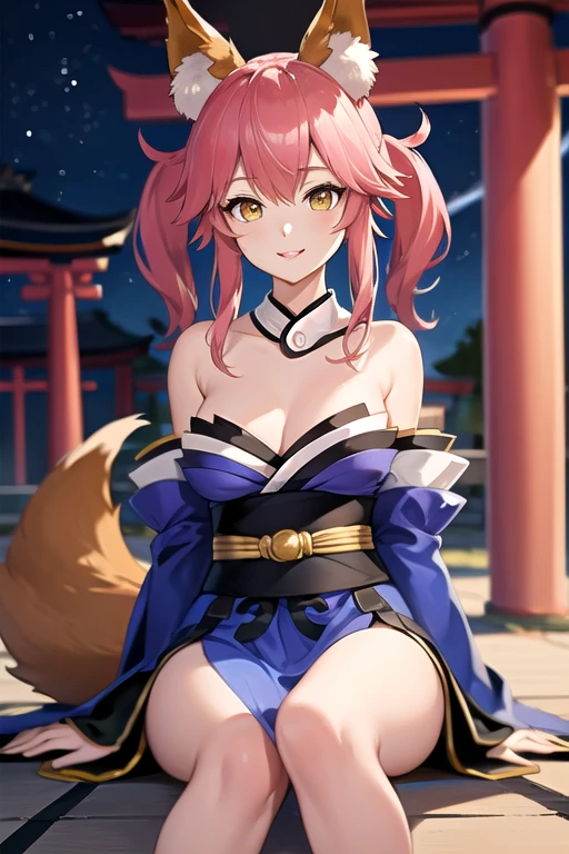 (masterpiece, best quality, detailed), 1 girl, alone, looking at the audience, Tamamo-mae, hairpin, fox ears, fox tail, blue kimono, Separate sleeves, blue stockings, bare shoulders, split, outdoor, night, torii, shrine, east asian architecture, open lips, seductive smile, sitting, Variza,祼