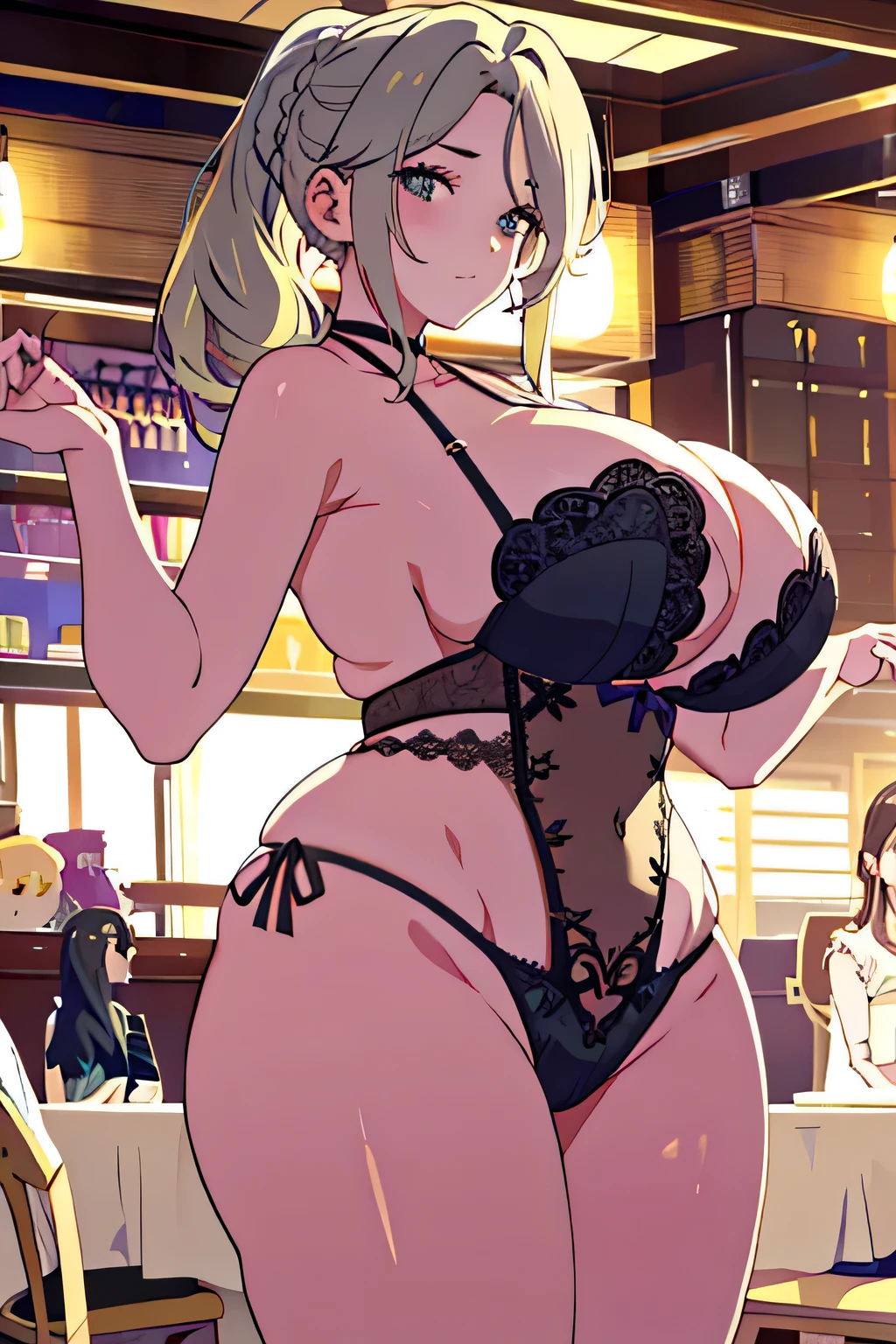 (highest quality、High resolution、detailed background)、(Highly detailed beautiful face:1.4)、Beautiful woman in her 20s、(three women:1.2)、braided bob、braided ponytail、braided hairstyles、(huge breasts:1.3)、realistic、perfect body line、thick thighs、Attractive big ass、Healthy and beautiful、cute gesture、cute、Highlight your attractive buttocks、Emphasize feminine silhouetteake your body line look beautiful、Accentuate your attractive big butt、cute、
Enjoy the sexy atmosphere by throwing a party with your friends、
Trying on new lingerie、You can feel confident and feminine、
Women enjoying each other's sexy side、Create a relaxing atmosphere、
Exchange lingerie sets to try them on and discuss your favorite brands and designs.、
Enjoy a relaxing time with friends and enjoy delicious food and drinks.、cute gesture、cute