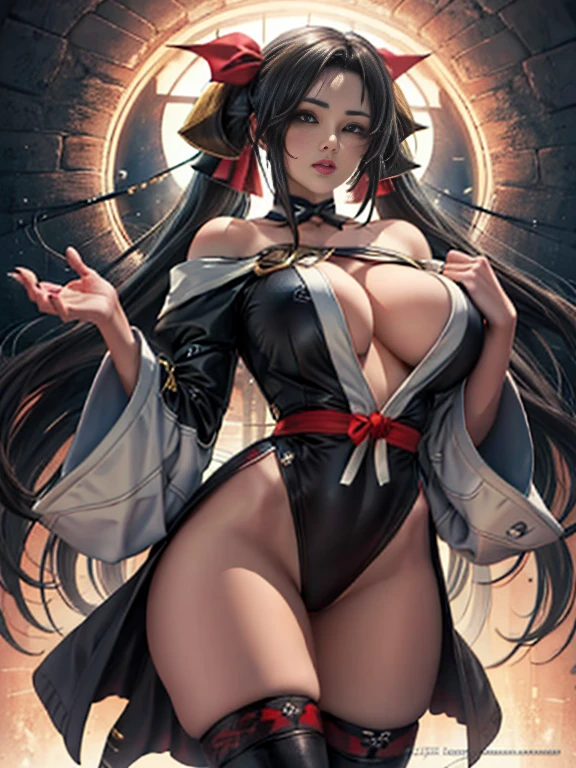 onepiece, Mangas, Komono, ((Mai Shiranui:1.2)), bareshoulders, brown hair, olhos castanhos, Rabo de cavalo longo e alto, gravata de cabelo、maquiagem, 1 pessoas、51 anos, Japan mature woman, Dedo bonito, Belas pernas longas, Corpo bonito, Nariz bonito, Belo design de personagens, olhos perfeitos, rosto perfeito, jewelries, transparente, Olhando para o Viewer, ornamento de cabelo,  Gargantilha, Shy, O Rei dos Combatentes,
(masutepiece, of the highest quality, best quality, Arte Oficial, Beautiful and Aesthetic: 1.2), extremamente detalhado, Mais detalhado,
(seios pequenos:1.2,) , saia flutuante,
No banheiro de um hotel de luxo, corpo inteiro fotografado:1.2、Botas Longas Vermelhas de Joelho Alto com Salto Pin,Open Legs Standing Pose、NSFW：1.2