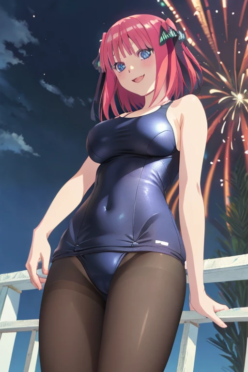 High resolution, (masterpiece: 1.4), Super detailed, (1 female: 1.3), (alone: 1.4), firework, short bob, smile, light, Makoto Shinkai style,Ultra-fine illustration, Bright colors, cinematic light, exciting light production, attention to detail, Bright colors, Large lateral , think back, Happy, smile, from below,anime art style, cute characters, nino nakano, one-piece swimsuit, large breastshose