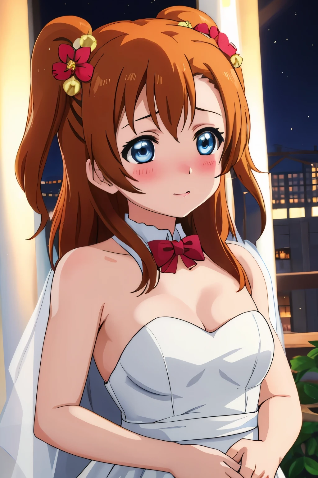 upper body, kousaka honoka, blue eyes, wedding dress,in party, night, blushing , hair ornaments 