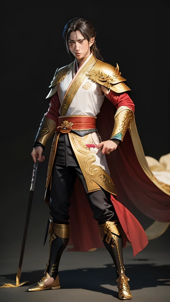 a man, full body shot, Close-up of the whole body on the front, zhao yun, xianxia hero, bian lian, Full body martial arts, wuxia, Chinese warrior, Guan yu, heise jinyao, feng shu, hua cheng, Inspired by Huang Shen, Sha Xi, Wearing a gold-plated red robe, pan ren wei, Inspired by Hu Zaobin