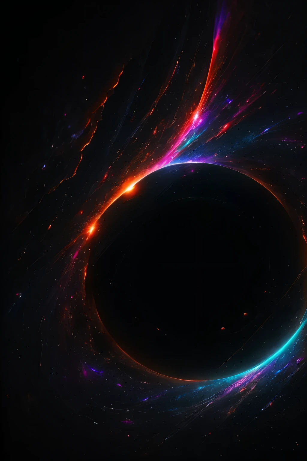 In the vast expanse of the cosmos, a surreal digital artwork unfolds, showcasing a mesmerizing black hole at its heart. Surrounding it, the scene is ablaze with cosmic wonders: swirling gases of neon hues, lurid dust clouds that cling to the edges ofSpace-time, twinkling stars, and sprawling galaxies. The composition strikes a perfect balance, with the black hole acting as the focal point, drawing the viewer in with its enigmatic allure.
Dramatic lighting effects play a crucial role, casting long, haunting shadows and highlighting the extraordinary gravitational pull exerted by the black hole. A pot