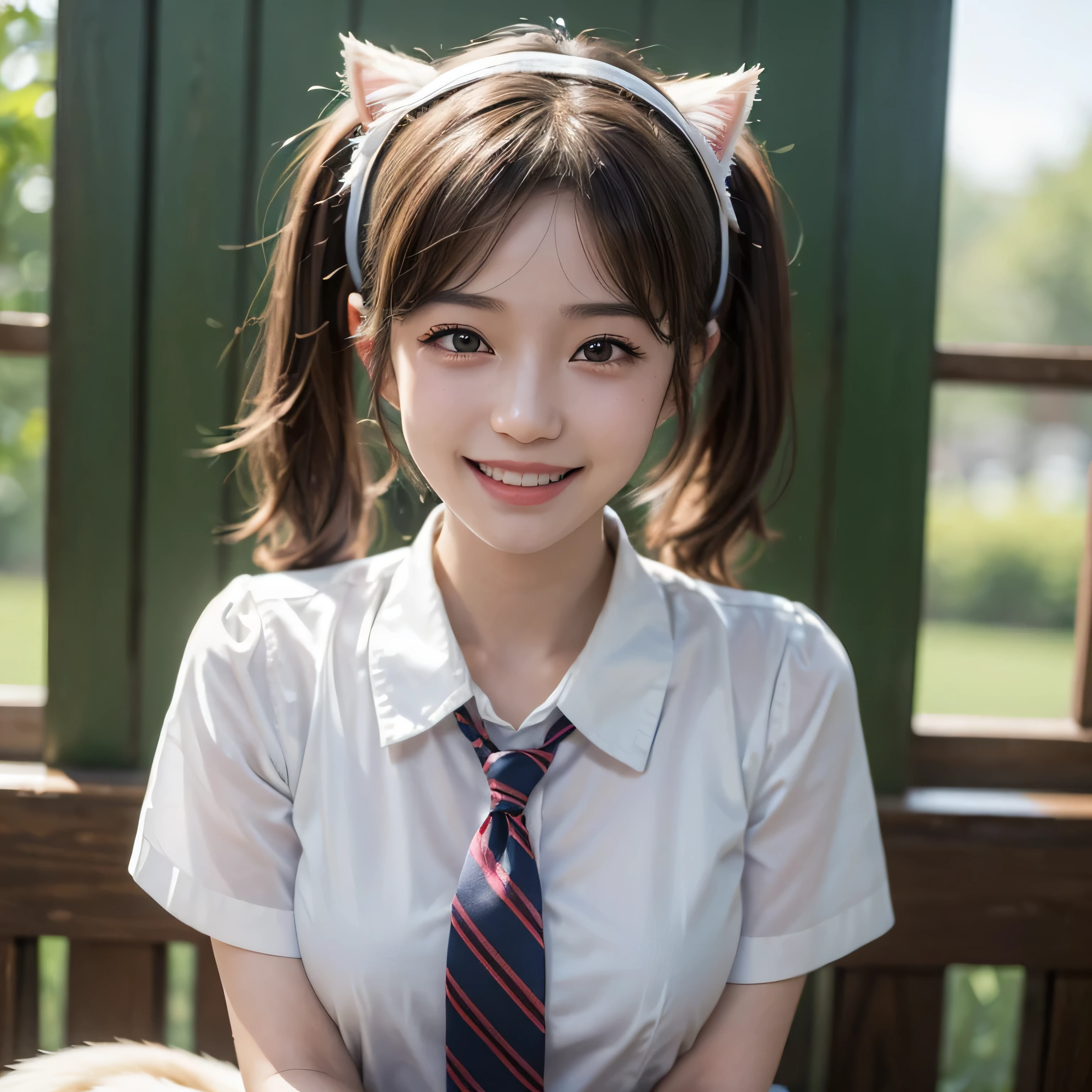 (masterpiece, best quality:1.4), (Realstic, photorealestic:1.37), from the front, (((POV))), bokeh, shallow depth of field, Japanese idol, high school student, skinny body, big tits, brown Shortcut Hair, twintails, ribbon tie, white Cat ear headband, big laugh
