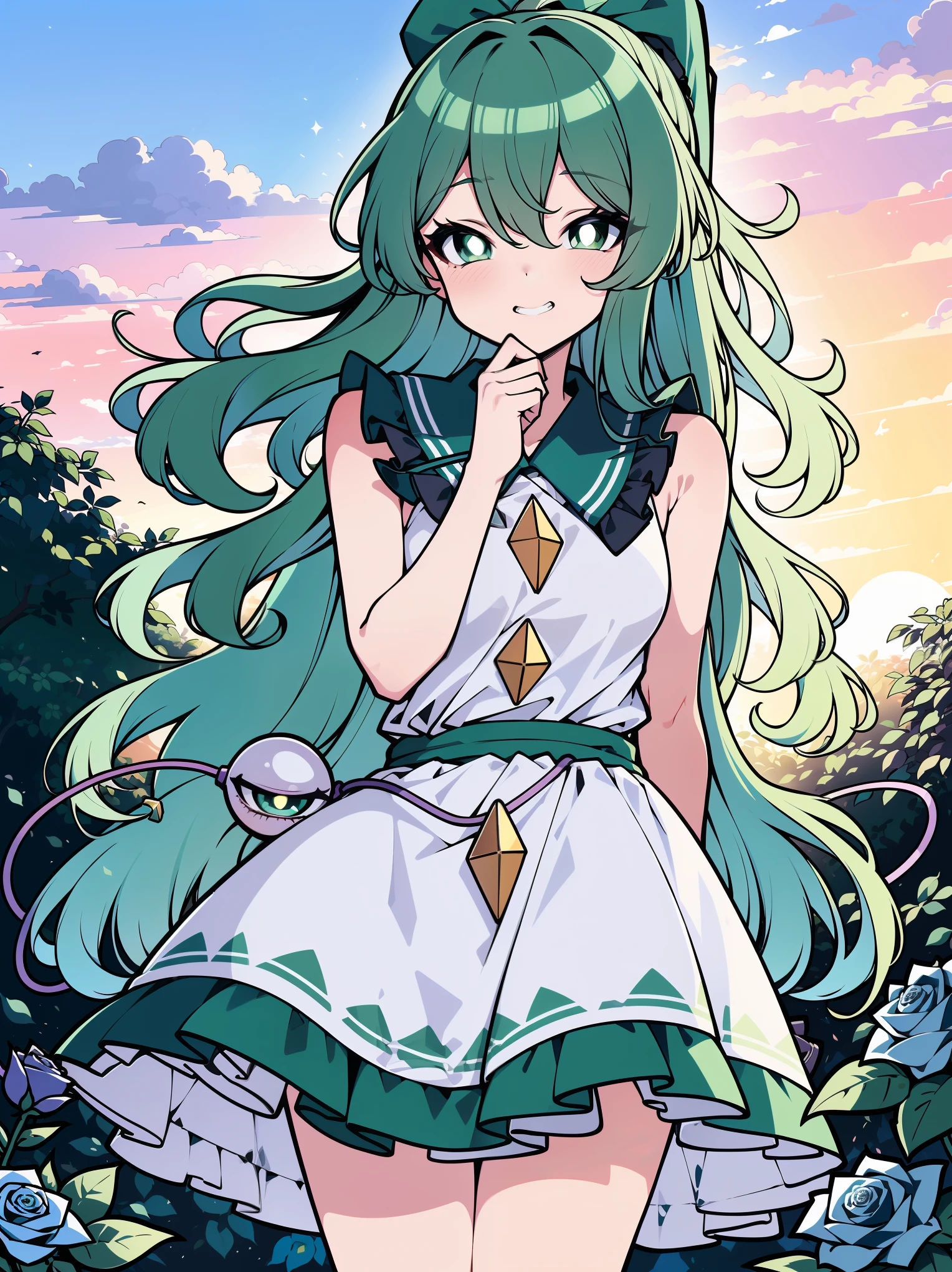 (colorful:1.1), glowing, (ultra-high resolution, depth of field:1.2), looking at viewer, (komeiji koishi:1.1), (1woman), adult, Touhou project, medium breasts, (dark green eyes), white pupils, glowing eyes, green hair, wavy hair, (long hair), ponytail, (wearing a white summer dress:1.2). A closed blue-purplish "third eye" is positioned over her heart, with cords wrapped around her torso and attached to each of her ankles, (blue roses in the background), garden scenery, (sunset), grinning, (squinting eyes)