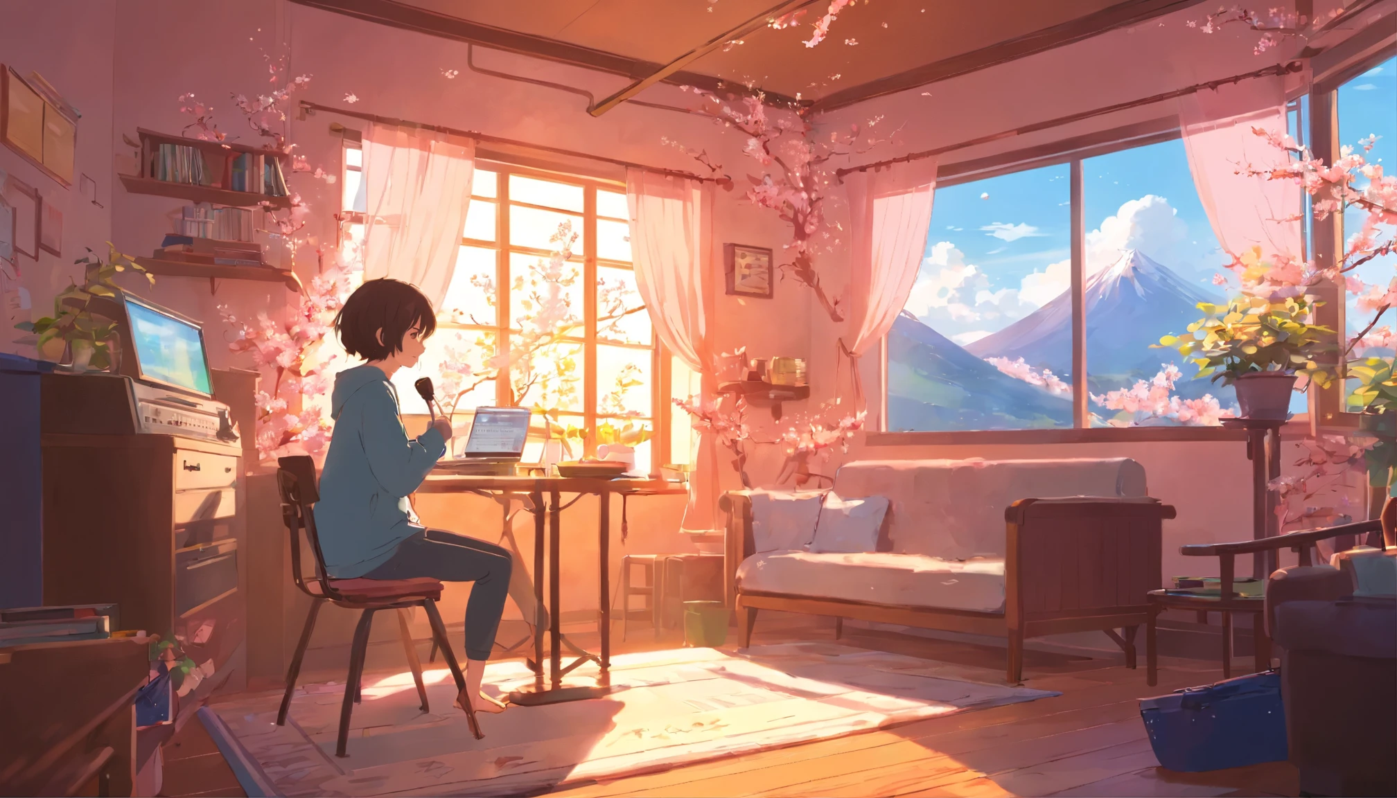 noon、Girl listening to music in a cozy room, 2D, lo-fi, hard disk, bright environment、spring wall decoration、cherry blossoms are blooming