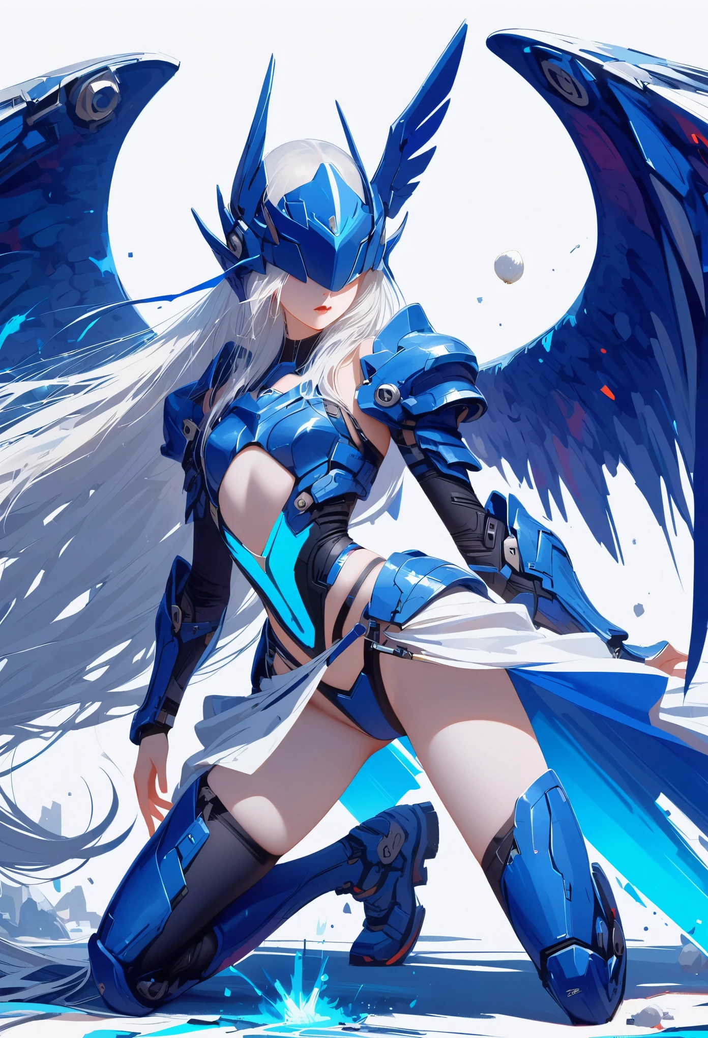 masterpiece, best quality, colorful, cowboy shooting, (pale skin:1.2), flat chest, Mecha, armor, girl,Mechanical_Body, High resolution, white hair, Very long hair, garlic, , alone, blue eyes, white coat, Soft fabric waist extension, blue energy, destroy, quantum energy, Mechanical wings