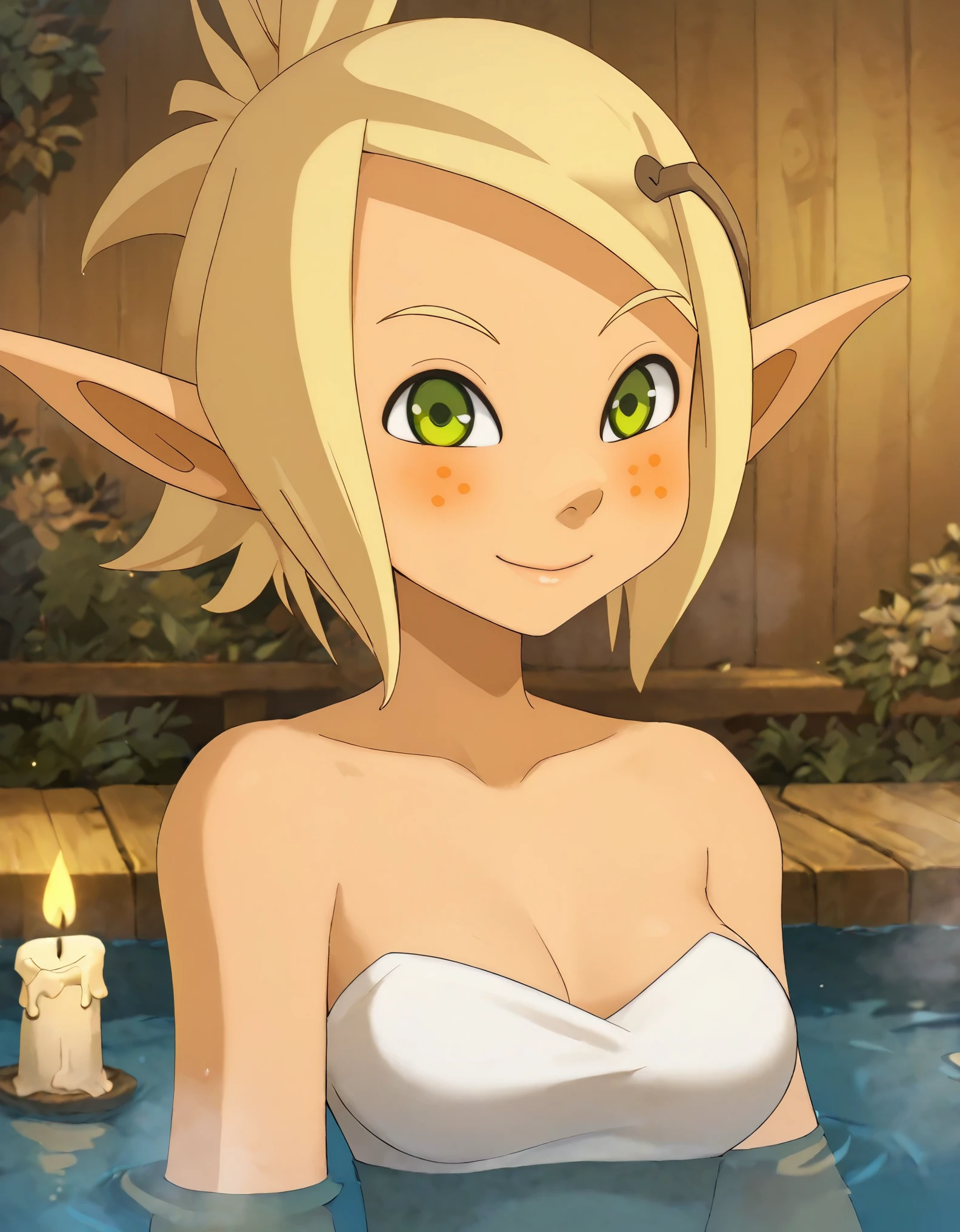 (score_9, score_8_up), score_7_up, score_6_up, 1girl, evangelyne s1, short hair, ponytail, blonde hair, hair ornament, pointy ears, light freckles, green eyes, sauna, onsen, thermal sources, indoors, wooden wall, water, steam, ((submerged, inside water)), upper body, sitting, closed mouth, night, candles, smile, looking at viewer, blushing, happy, 