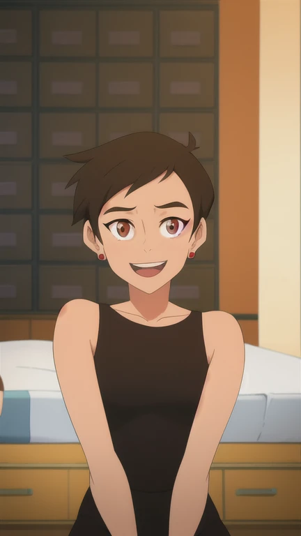 masterpiece, best quality, mawsLoisLane, 1girl, solo, black hair, short hair, brown hair, upper body, smile, red babydoll, looking at viewer, indoor, arms behind back, open mouth, black leggings, earrings, sunlight, sitting in a bed