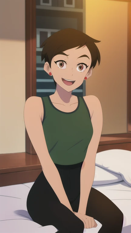 masterpiece, best quality, mawsLoisLane, 1girl, solo, black hair, short hair, brown hair, upper body, smile, red doll, looking at viewer, indoor, arms behind back, open mouth, black leggings, earrings, sunlight, sitting in a bed