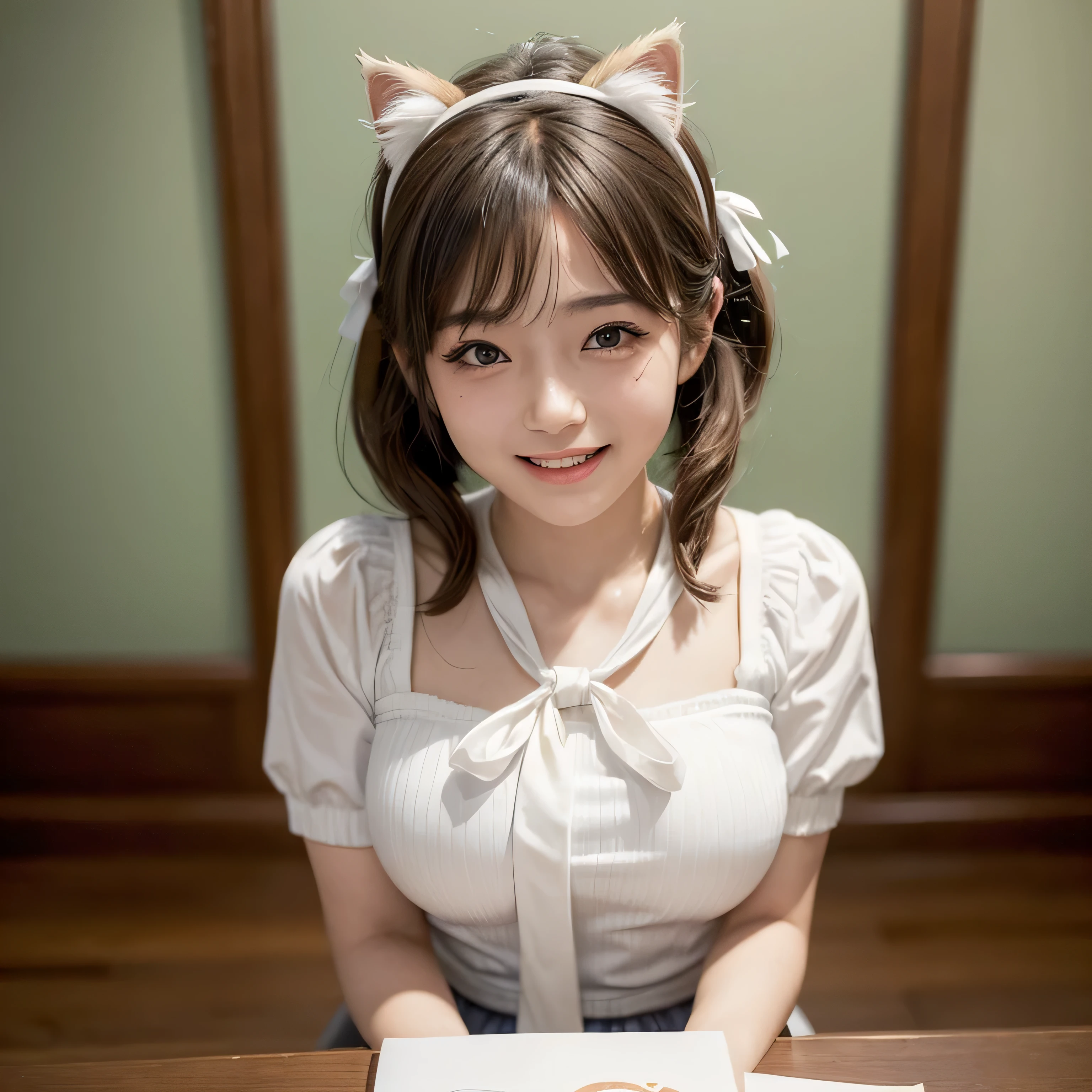 (masterpiece, best quality:1.4), (Realstic, photorealestic:1.37), from the front, (((POV))), bokeh, shallow depth of field, Japanese idol, high school student, skinny body, big tits, brown Shortcut Hair, twintails, ribbon tie, white Cat ear headband, big laugh