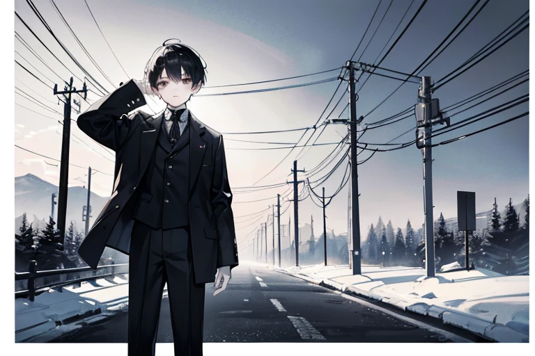 monochrome,masterpiece, illustration, best quality, best aathetic,male focus,long shot,full body,boy,a boy waving his hand,black jacket,short hair,15 years old,a boy on leftforehead,brow,narrow eyes,standing,exchanging greetings,farewell,Roads and telegraph poles,