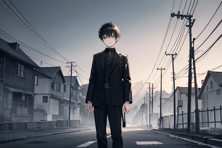 monochrome,masterpiece, illustration, best quality, best aathetic,male focus,long shot,full body,boy,a boy waving his hand,black jacket,short hair,,a boy on leftforehead,brow,narrow eyes,standing,exchanging greetings,farewell,Roads and telegraph poles,
