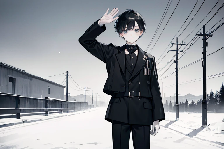monochrome,masterpiece, illustration, best quality, best aathetic,male focus,long shot,full body,boy,a boy waving his hand,black jacket,short hair,15 years old,a boy on leftforehead,brow,narrow eyes,standing,exchanging greetings,farewell,Roads and telegraph poles,
