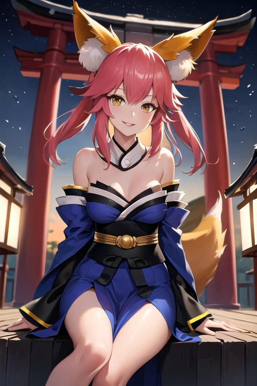 (masterpiece, best quality, detailed), 1 girl, alone, looking at the audience, Tamamo-mae, hairpin, fox ears, fox tail, Body, split, outdoor, night, torii, shrine, east asian architecture, open lips, seductive smile, sitting, Variza