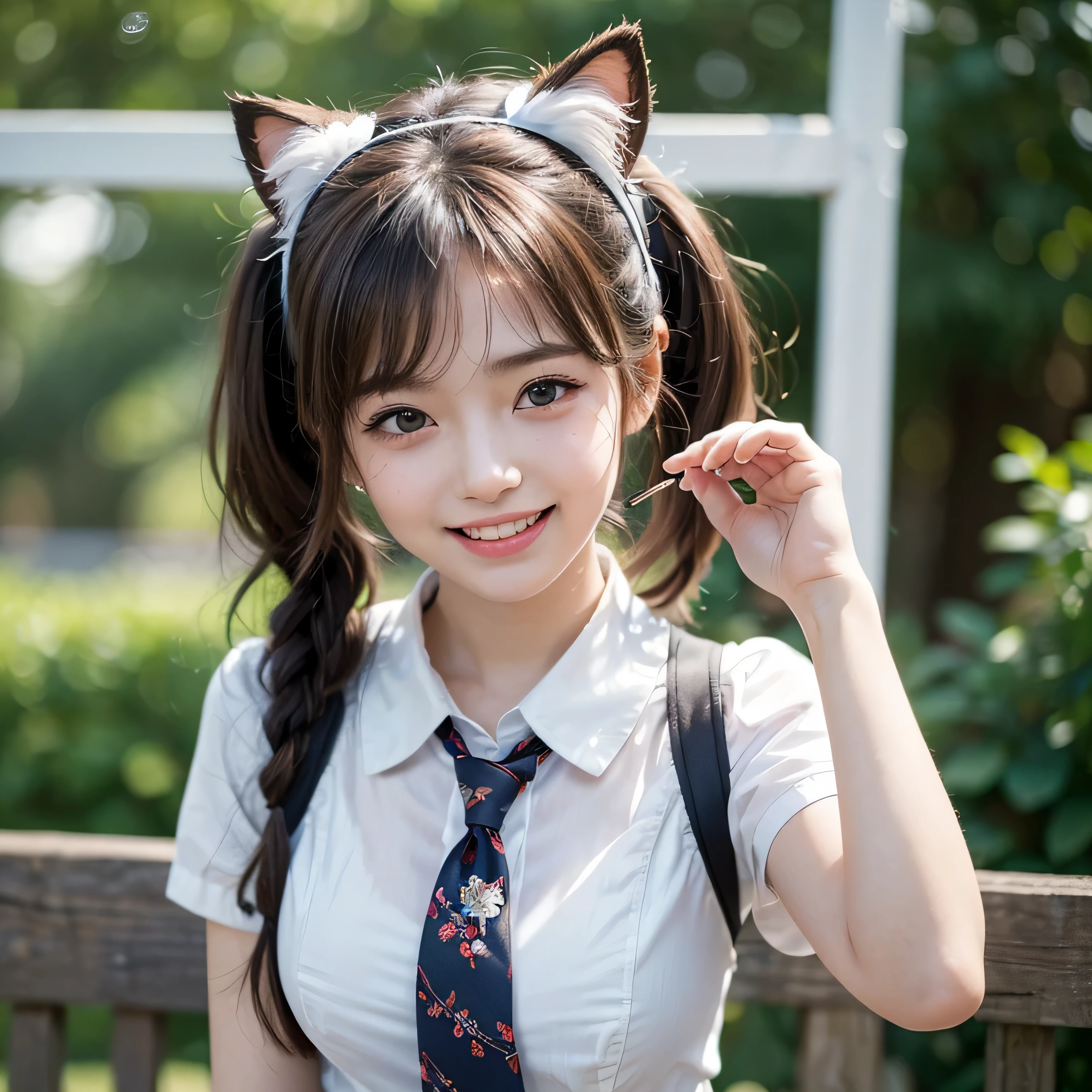 (masterpiece, best quality:1.4), (Realstic, photorealestic:1.37), (((POV))), bokeh, shallow depth of field, Japanese idol, shiny skin, detailed skin, detailed face, detailed eyes, beautiful face, high school student, skinny body, big tits, brown Shortcut Hair, twintails, ribbon tie, white Cat ear headband, sweat, big laugh
