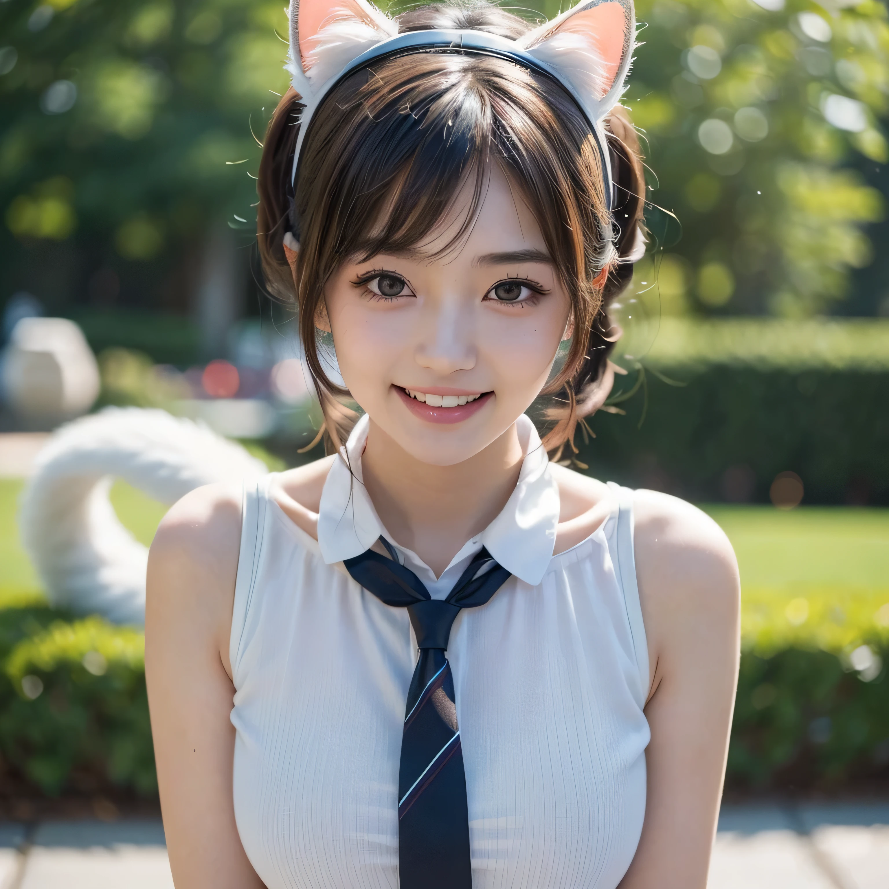 (masterpiece, best quality:1.4), (Realstic, photorealestic:1.37), from the front, (((POV))), bokeh, shallow depth of field, Japanese idol, high school student, skinny body, big tits, brown Shortcut Hair, twintails, ribbon tie, white Cat ear headband, big laugh