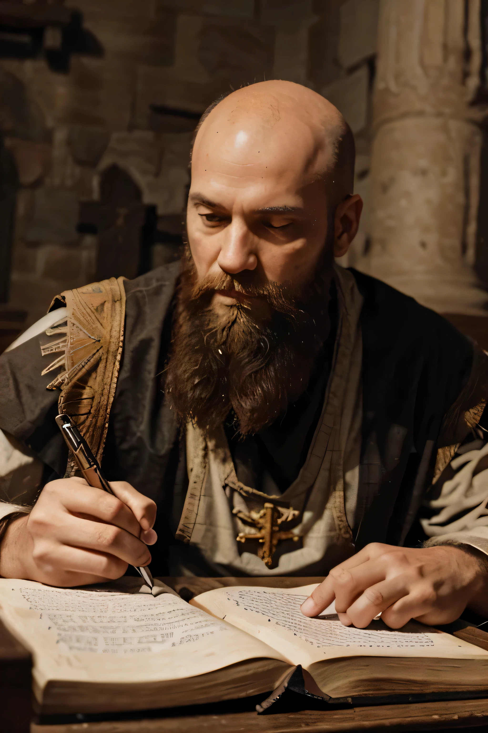 Bald long beard apostle paul writing a letter on a scroll to ancient church 