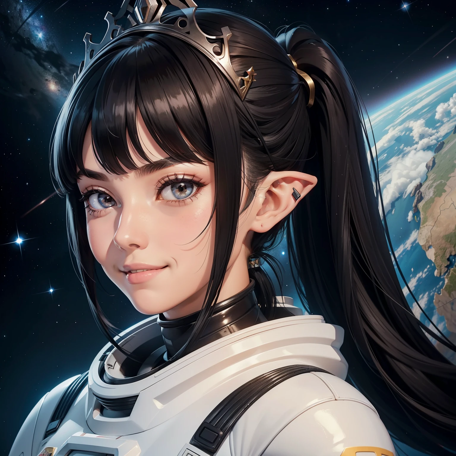 black hair, bangs, pony tail, tiara, dashed eyes, long pointy ears, blush, space suit with political trappings, smile, Surrealism, 8k, super detail, UHD, high quality, super detail, award winning, best quality