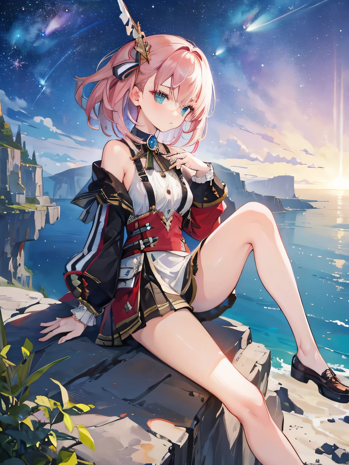 1 girl，Sitting on a cliff，Hair blown by the breeze，Looking into the distance，meteor，Milky Way，front Photo，accurate finger，Legs dangling in the air，spread legs