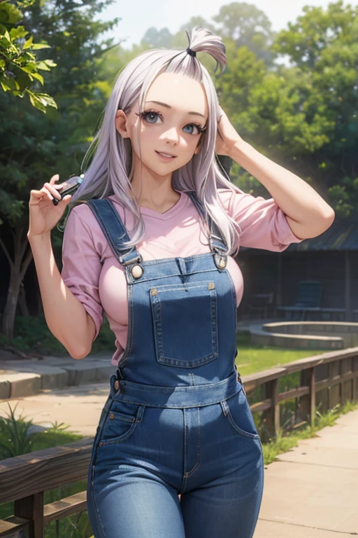 (realistic,photorealistic,photo-realistic:1.37), Mirajane Strauss, 22 years old, beautiful smile, wearing denim overalls