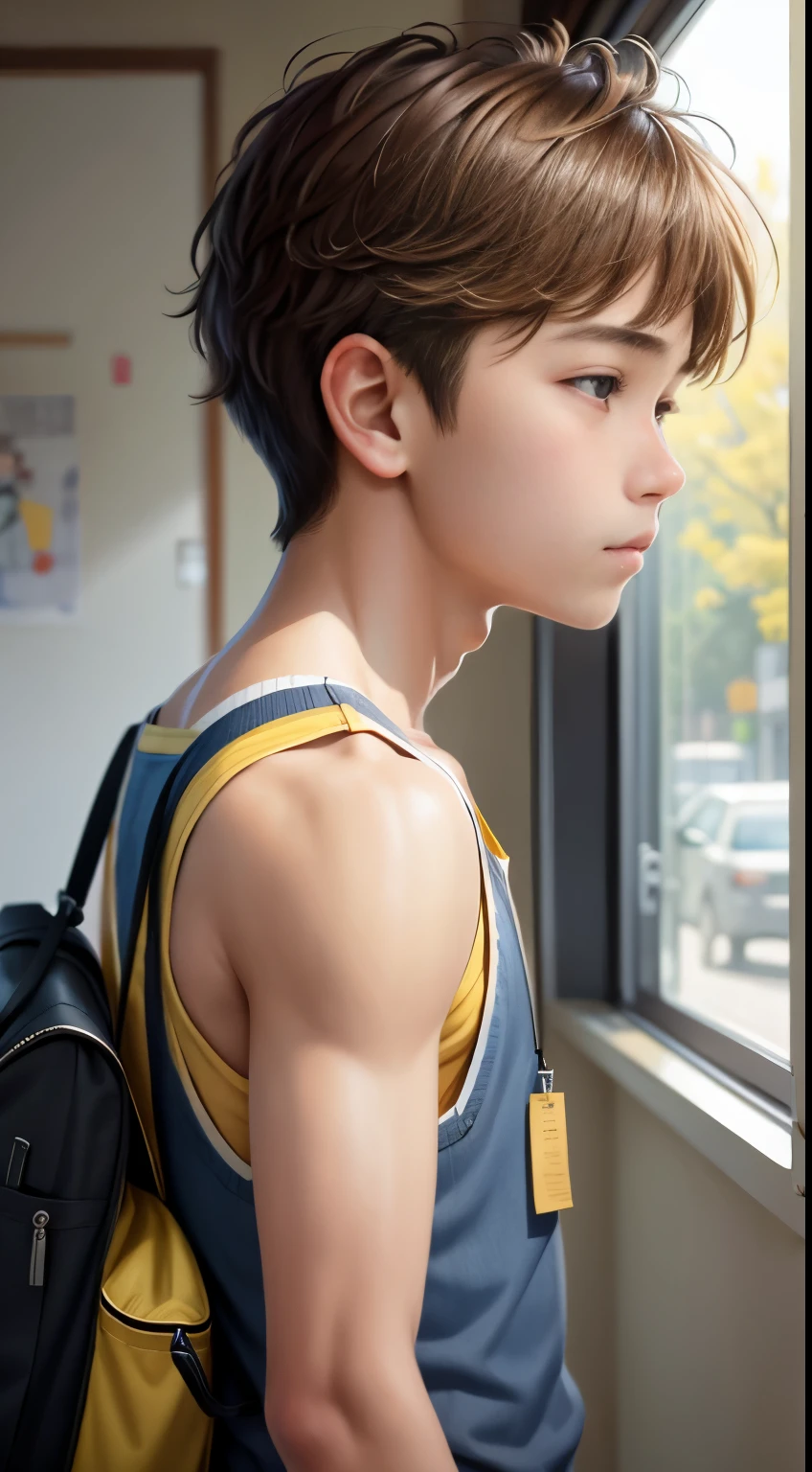 Realistic, detailed drawing, -yeld boSeen from the side, Bare shoulder, Sunny day, vest, Japanese boy, School, Masterpiece.