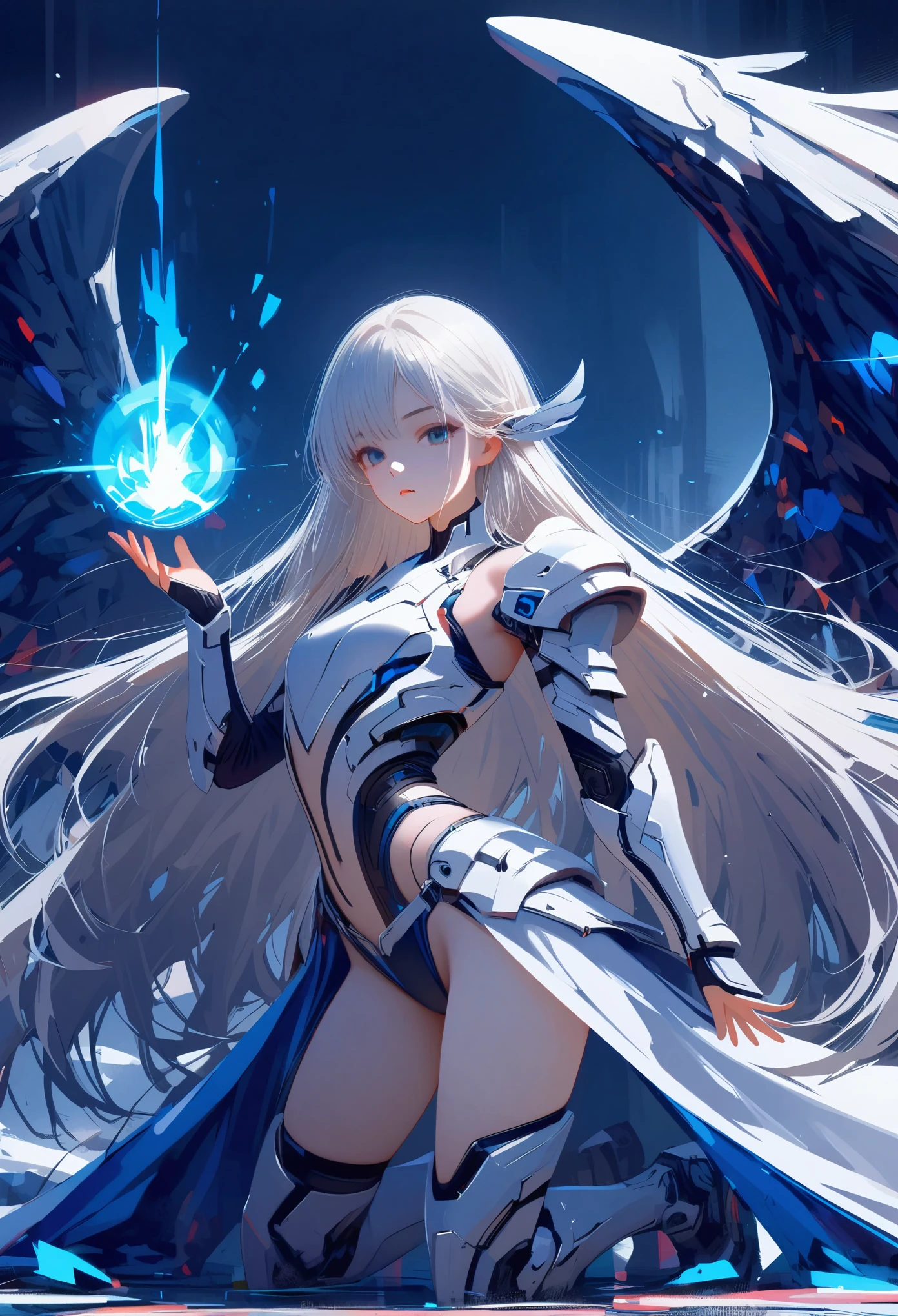 masterpiece, best quality, colorful, cowboy shooting, (pale skin:1.2), flat chest, Mecha, armor, girl,Mechanical_Body, High resolution, white hair, Very long hair, garlic, , alone, blue eyes, white coat, Soft fabric waist extension, blue energy, destroy, quantum energy, Mechanical wings