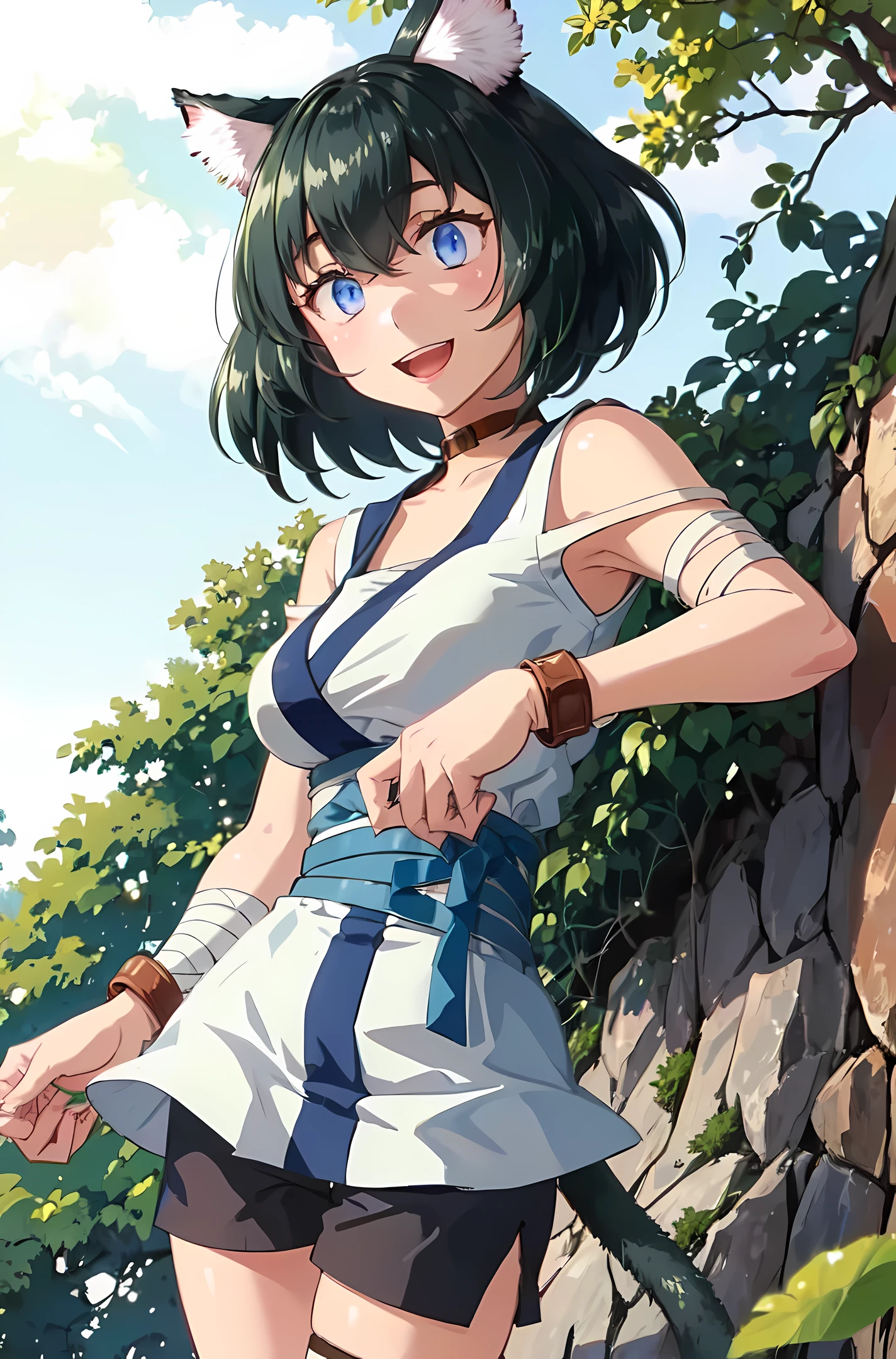 miria, cowboy shot, upper body, choker, belt, (1 long cat tail:1.4), bell, thigh strap, bandages, side slit, pouch, brown belt, green shorts, wrist wrap, side slit shorts, smile, happy, open mouth, blue hair, (no ears visible:1.4), medieval, perfect hands, beautiful hands