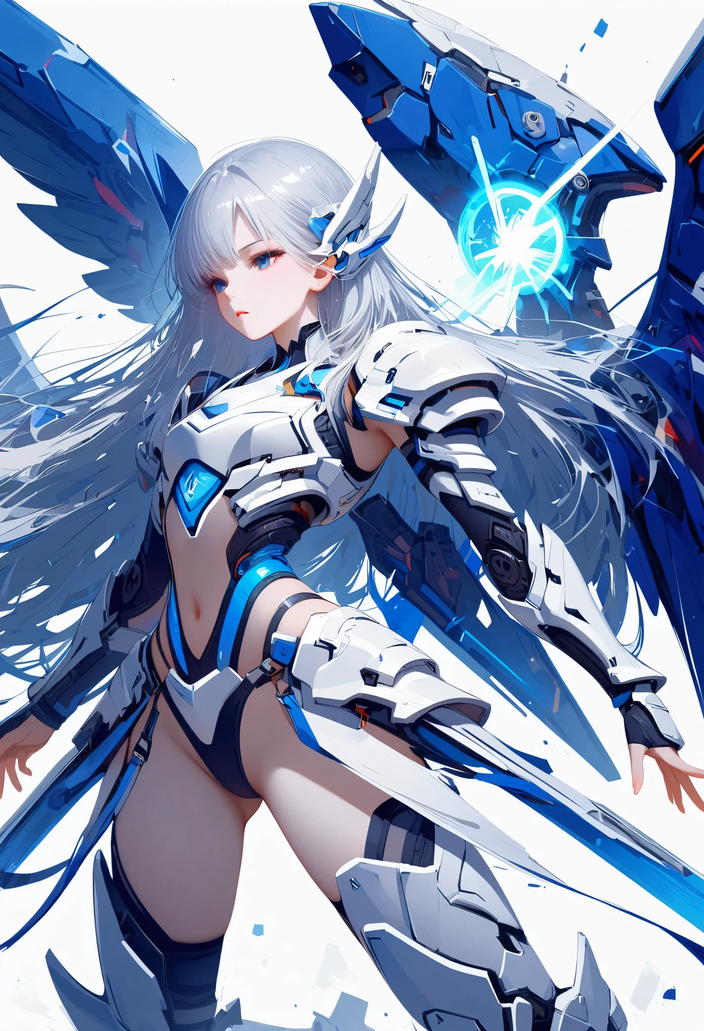 masterpiece, best quality, colorful, cowboy shooting, (pale skin:1.2), flat chest, Mecha, armor, girl,Mechanical_Body, High resolution, white hair, Very long hair, garlic, , alone, blue eyes, white coat, Soft fabric waist extension, blue energy, destroy, quantum energy, Mechanical wings