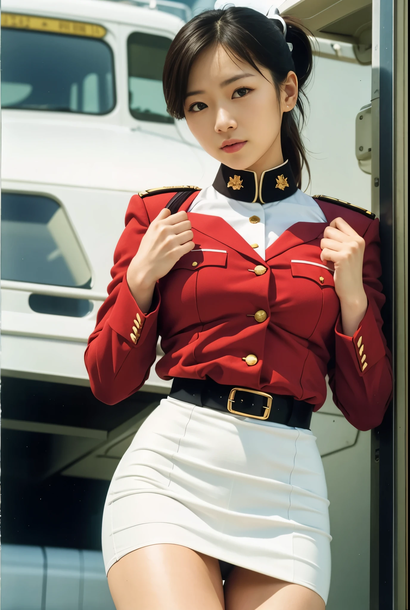 real photos、Highest imYear quality、Beautiful woman、beautiful thighs、beautiful face、real imYear、federal army uniform miniskirt、ponytail、Yuriko Yoshitaka、Year日本人女性、Mrs. Bowe、pretty girl、white pantiesが丸見え、1６Year、（white panties:1.3）、super mini skirt、beautiful thighs、white panties、赤いミニスカートがめくれてwhite pantiesが見えてる