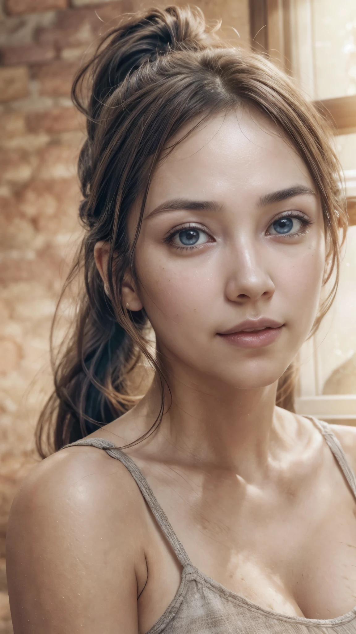 Undressed, (photo realistic:1.4), (hyper realistic:1.4), (realistic:1.3), (smoother lighting:1.05), (increase cinematic lighting quality:0.9), 32K, 1woman,40yo woman, airakasih, realistic lighting, backlighting, light on face, facing forward, ray trace, (brightening light:1.2), (Increase quality:1.4), (best quality real texture skin:1.4), finely detailed eyes, finely detailed face, finely quality eyes, detailed brunette hair with ponytail, (tired and sleepy and satisfied:0), face close-up, (Increase body line mood:1.1), (Increase skin texture beauty:1.1)