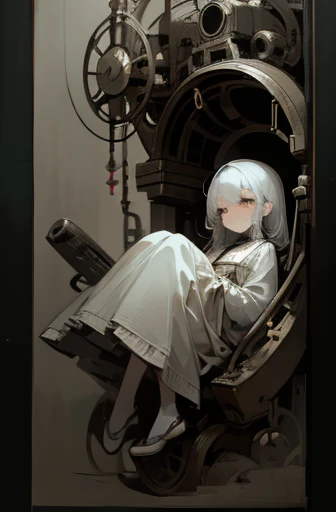 ((girl tied to a machine)), scribble, nightmare, doll-like face, cartoon style, rough sketch, , (masterpiece), (High resolution), (super delicate), (clear), Comic book style illustrations,(Horror elements), Japanese painting illustration, full body,(snap shot),crazy illustration, antique, dark atmosphere, flat illustration, creepy appearance, Characteristic hairstyle, creative accessories, Unique atmosphere、