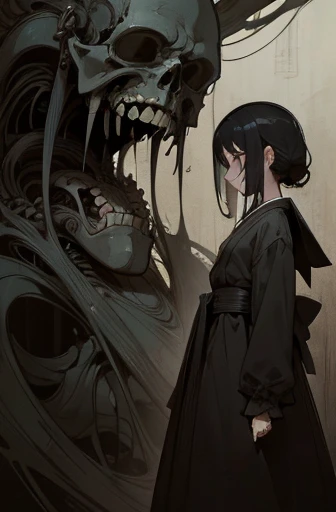 ((girl tied to a machine)), scribble, nightmare, doll-like face, cartoon style, rough sketch, , (masterpiece), (High resolution), (super delicate), (clear), Comic book style illustrations,(Horror elements), Japanese painting illustration, full body,(snap shot),crazy illustration, antique, dark atmosphere, flat illustration, creepy appearance, Characteristic hairstyle, creative accessories, Unique atmosphere、